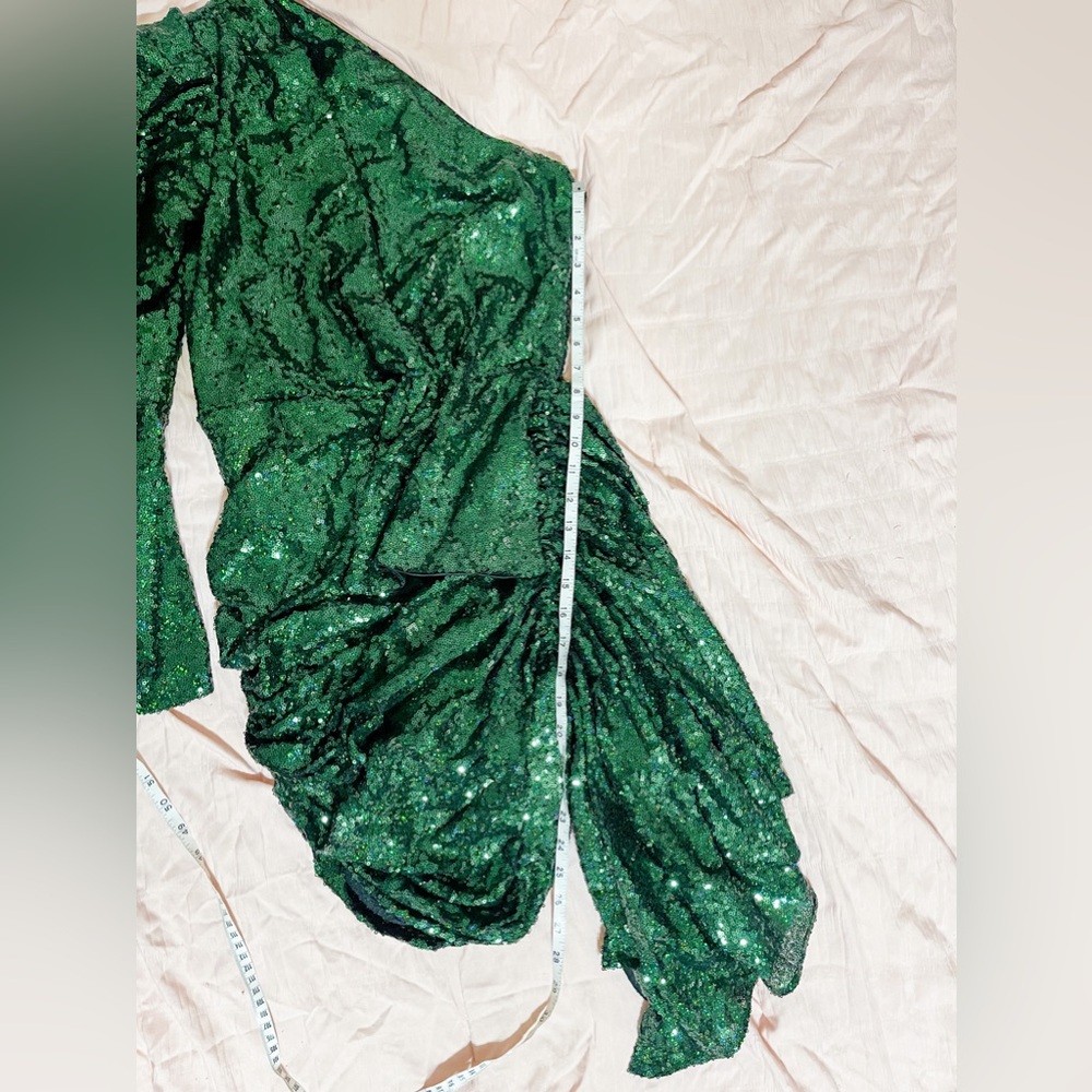 16Arlington One Sleeve Draped Sequined Tulle Mini Dress Green Size UK 8 US 4 - Picture 14 of 15